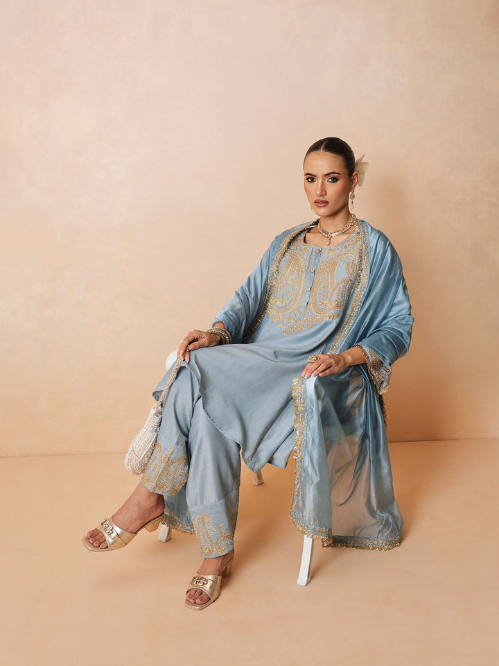 Women Powder Blue Embroidered Choga Kurta With Farshi Salwar &amp; Dupatta