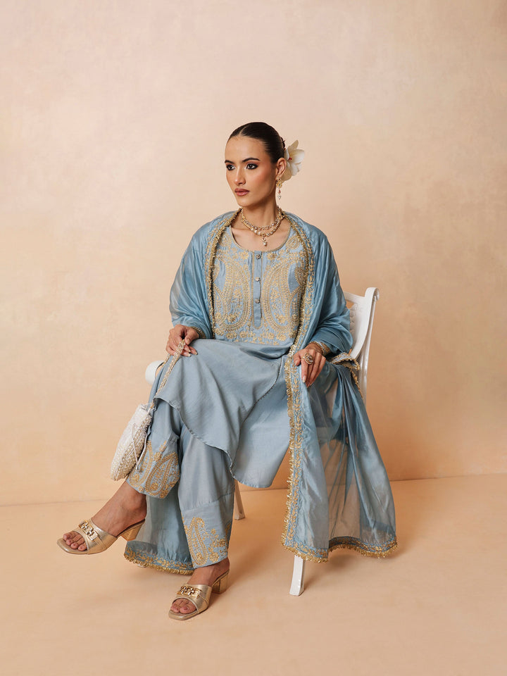 Women Powder Blue Embroidered Choga Kurta With Farshi Salwar &amp; Dupatta