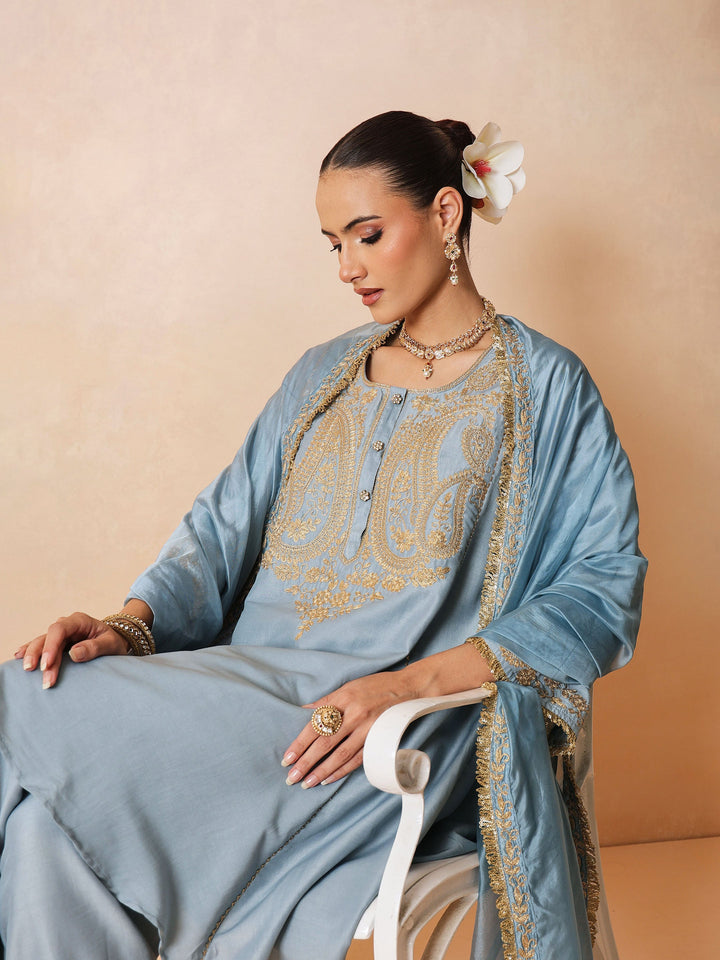 Women Powder Blue Embroidered Choga Kurta With Farshi Salwar &amp; Dupatta