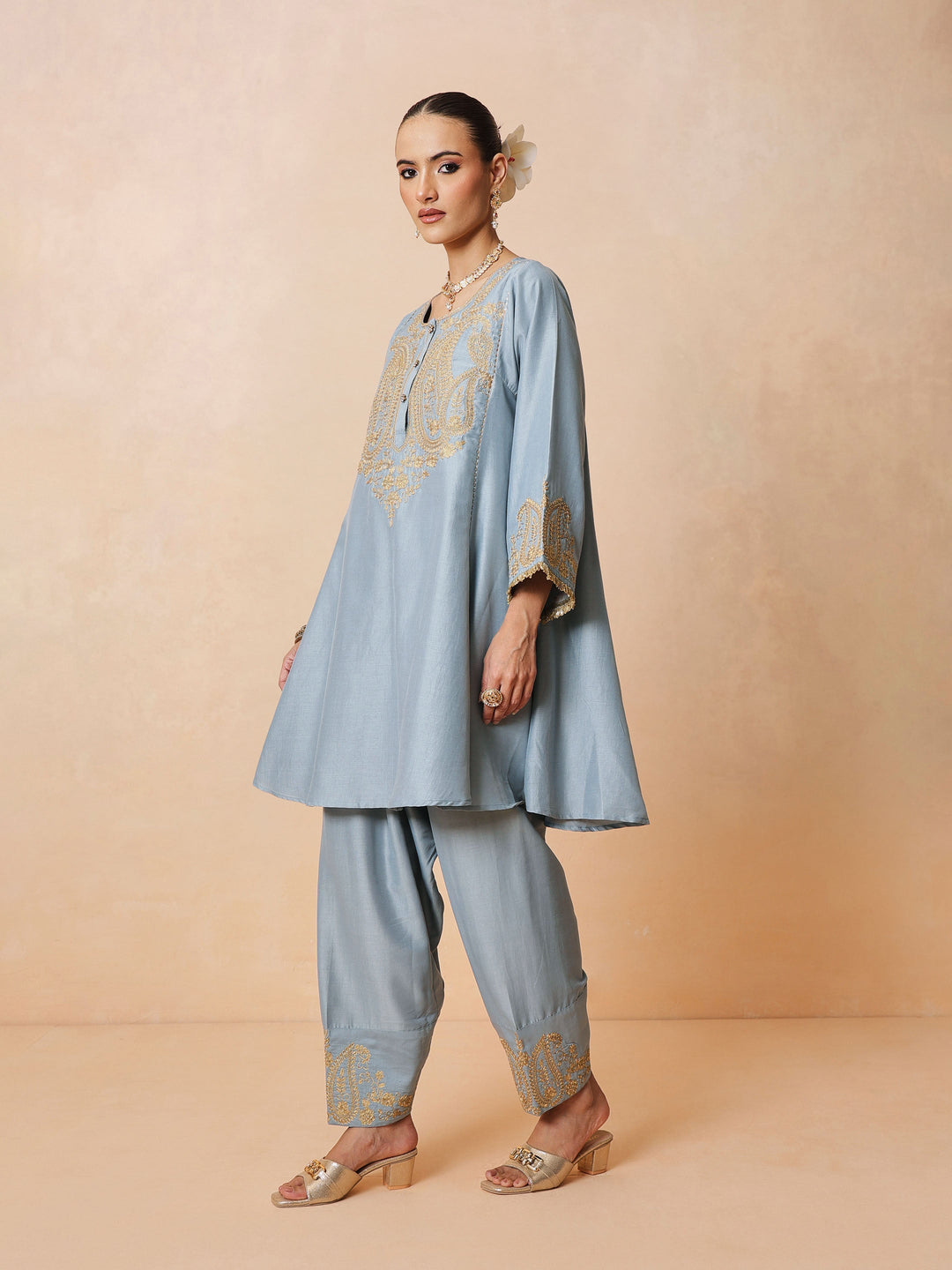 Women Powder Blue Embroidered Choga Kurta With Farshi Salwar &amp; Dupatta