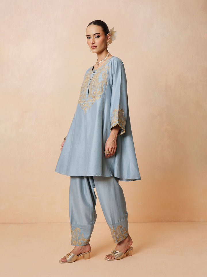 Women Powder Blue Embroidered Choga Kurta With Farshi Salwar &amp; Dupatta
