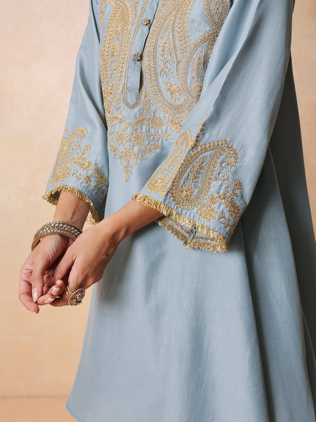 Women Powder Blue Embroidered Choga Kurta With Farshi Salwar &amp; Dupatta