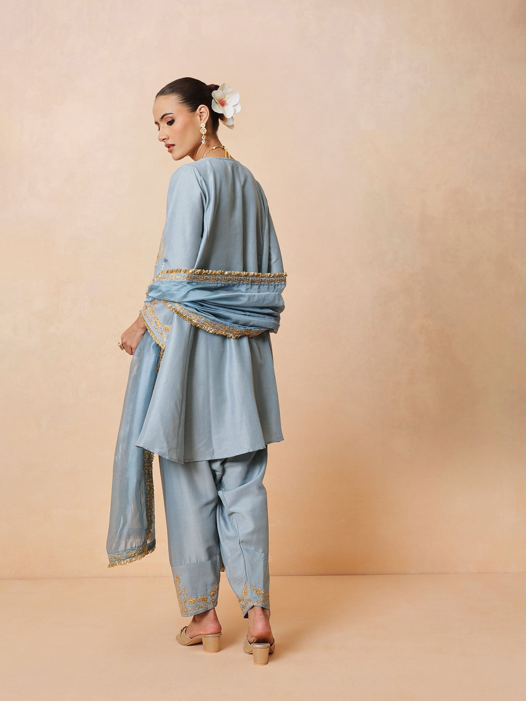 Women Powder Blue Embroidered Choga Kurta With Farshi Salwar &amp; Dupatta