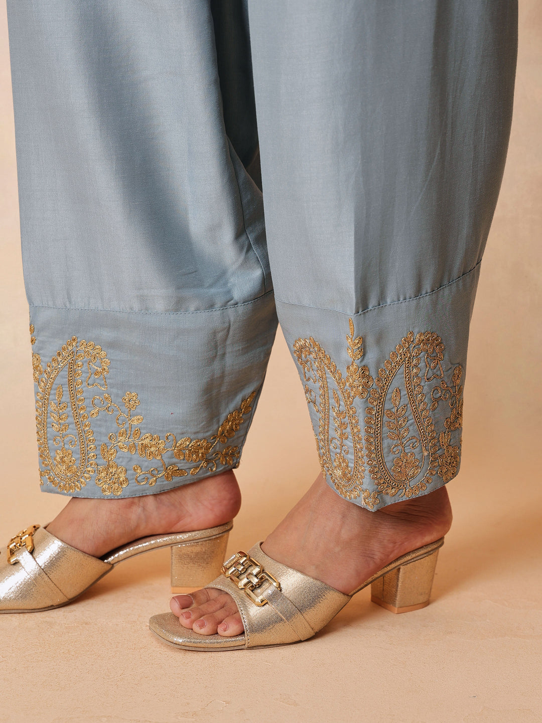 Women Powder Blue Embroidered Choga Kurta With Farshi Salwar &amp; Dupatta
