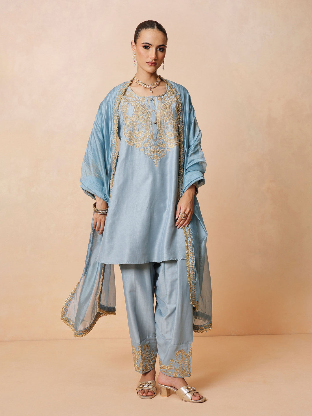 Women Powder Blue Embroidered Choga Kurta With Farshi Salwar &amp; Dupatta