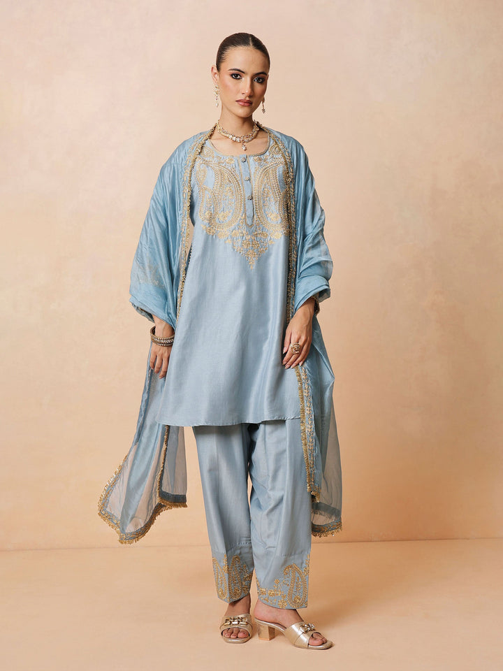 Women Powder Blue Embroidered Choga Kurta With Farshi Salwar &amp; Dupatta