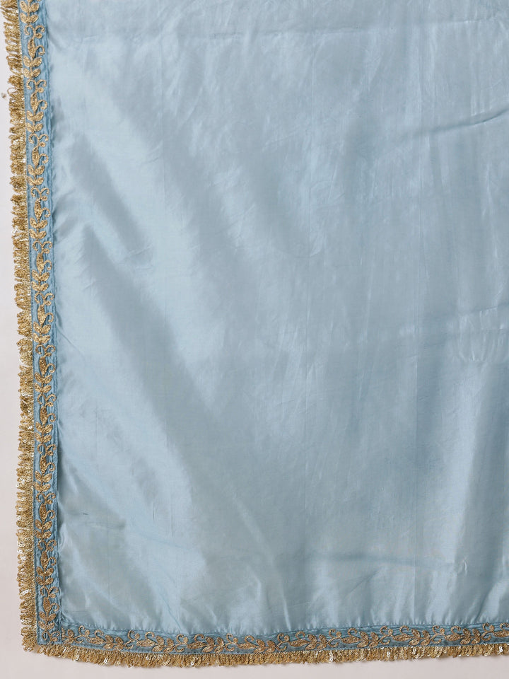 Women Powder Blue Embroidered Choga Kurta With Farshi Salwar &amp; Dupatta