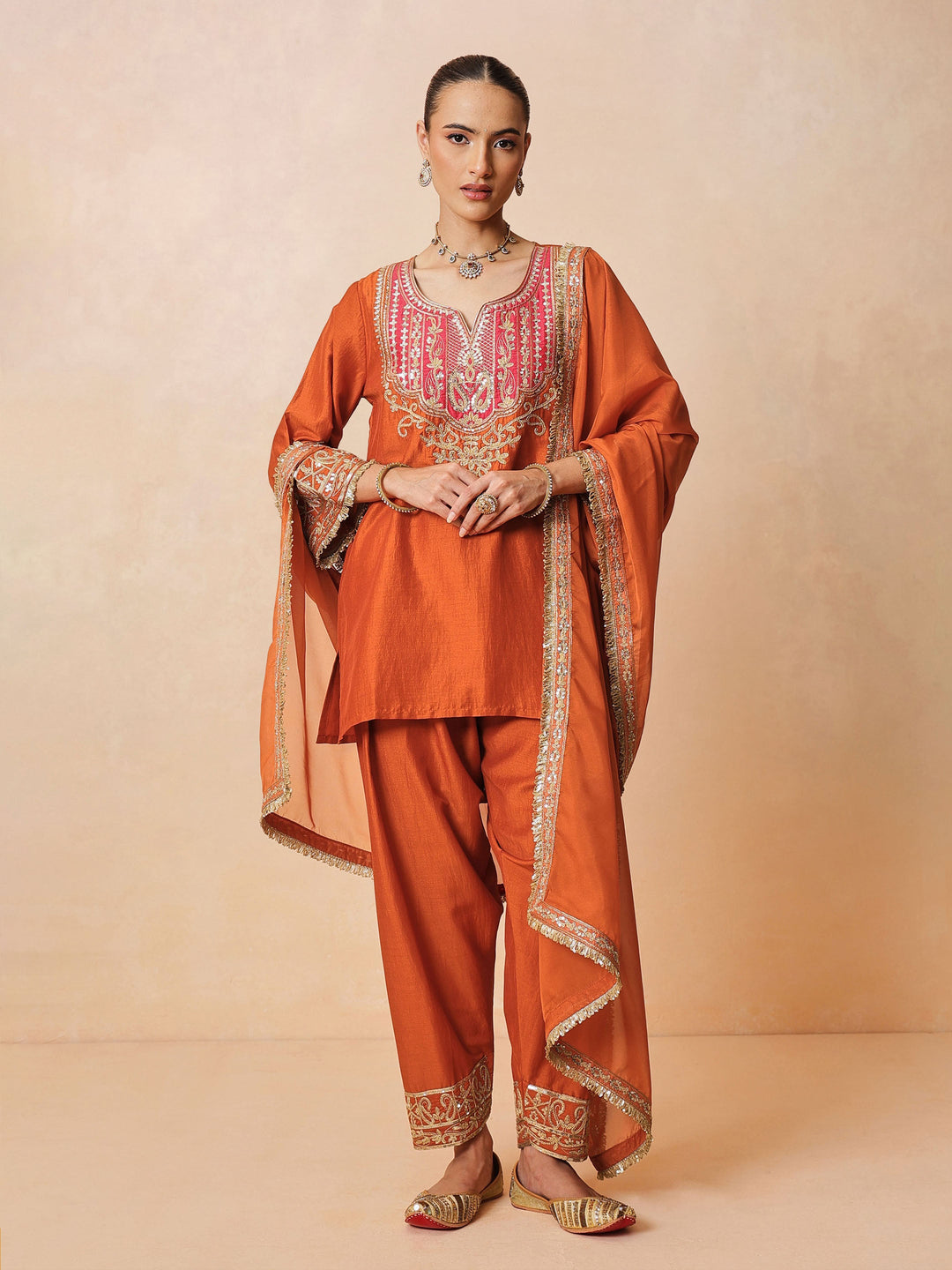 Women Orange Embroidered Short Kurta With Farshi Salwar &amp; Dupatta