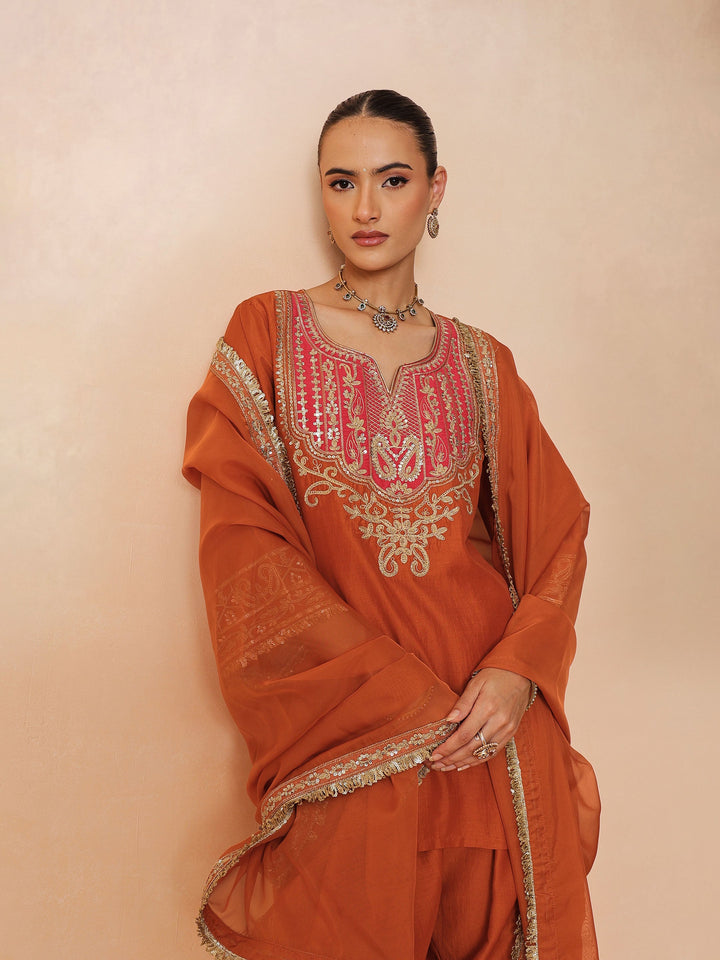 Women Orange Embroidered Short Kurta With Farshi Salwar &amp; Dupatta