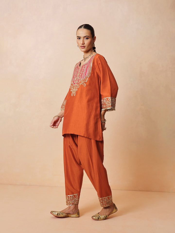 Women Orange Embroidered Short Kurta With Farshi Salwar &amp; Dupatta