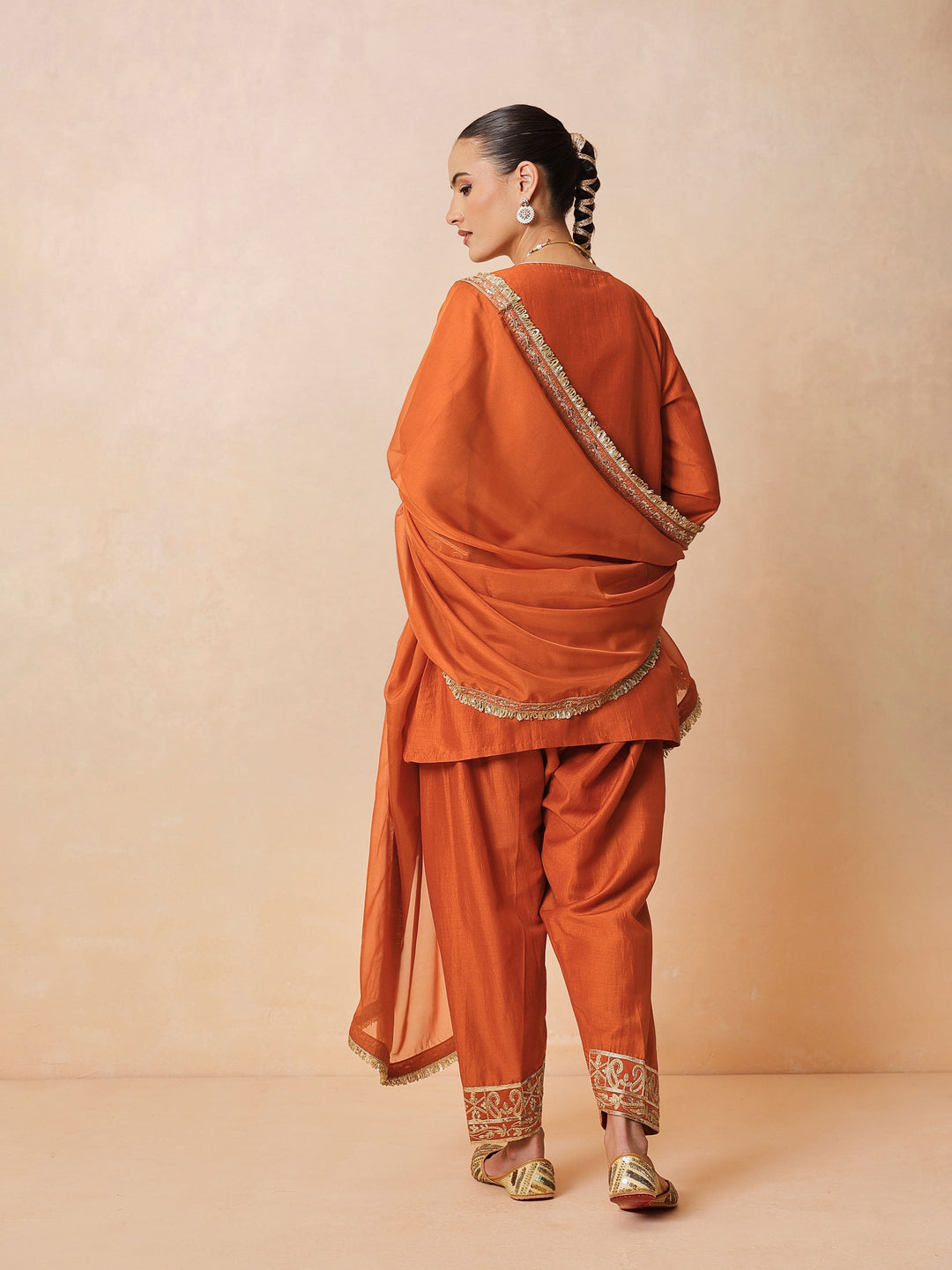 Women Orange Embroidered Short Kurta With Farshi Salwar &amp; Dupatta