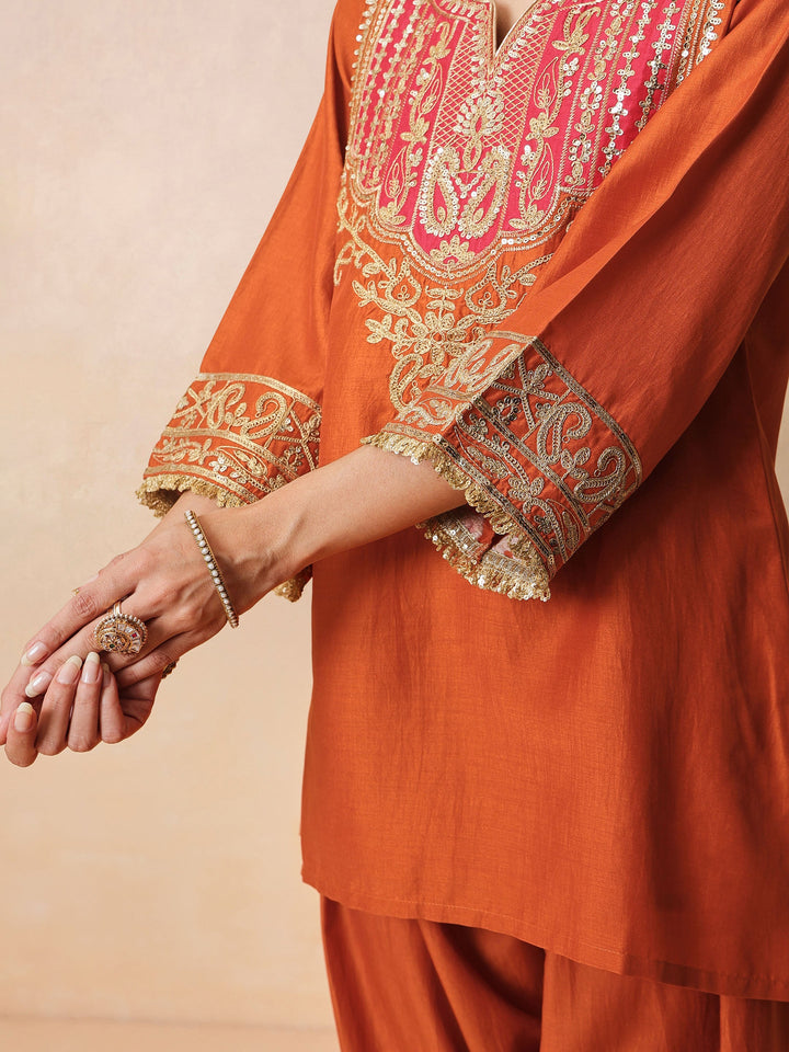 Women Orange Embroidered Short Kurta With Farshi Salwar &amp; Dupatta