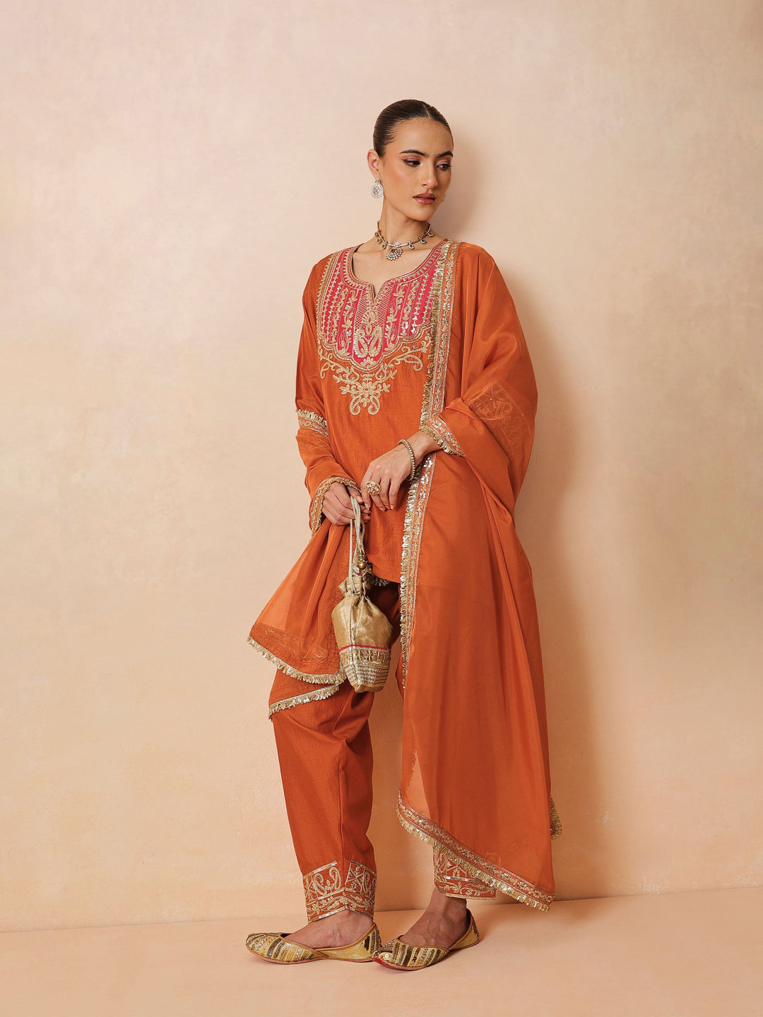 Women Orange Embroidered Short Kurta With Farshi Salwar &amp; Dupatta