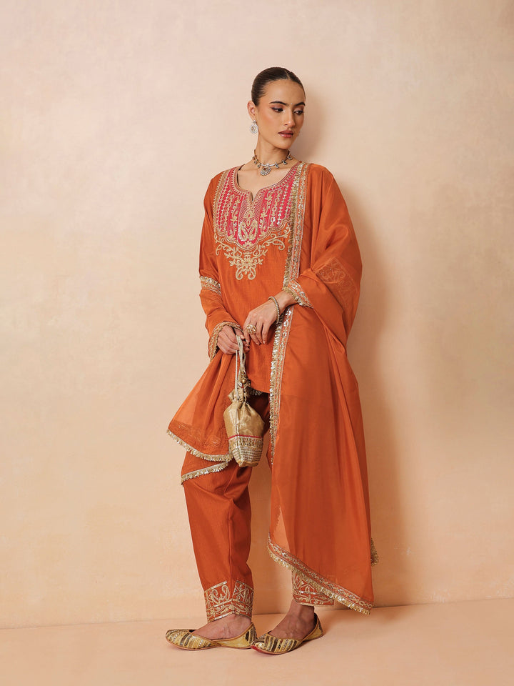 Women Orange Embroidered Short Kurta With Farshi Salwar &amp; Dupatta