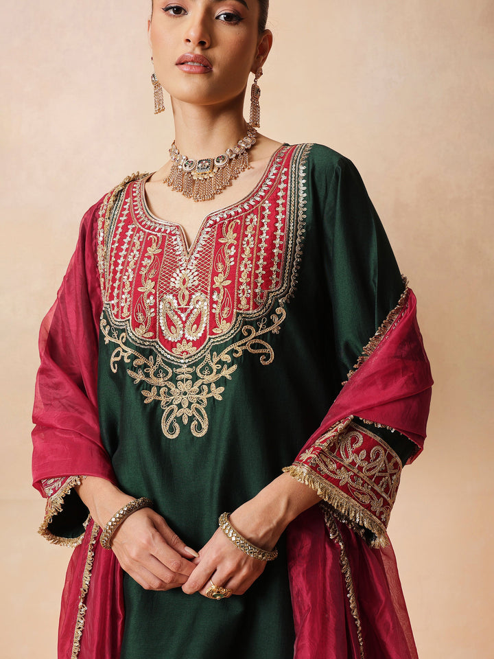 Women Green Embroidered Short Kurta With Farshi Salwar &amp; Dupatta