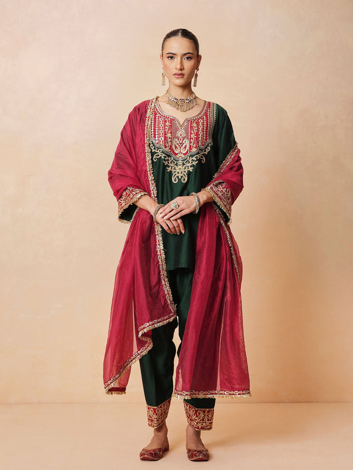 Women Green Embroidered Short Kurta With Farshi Salwar &amp; Dupatta