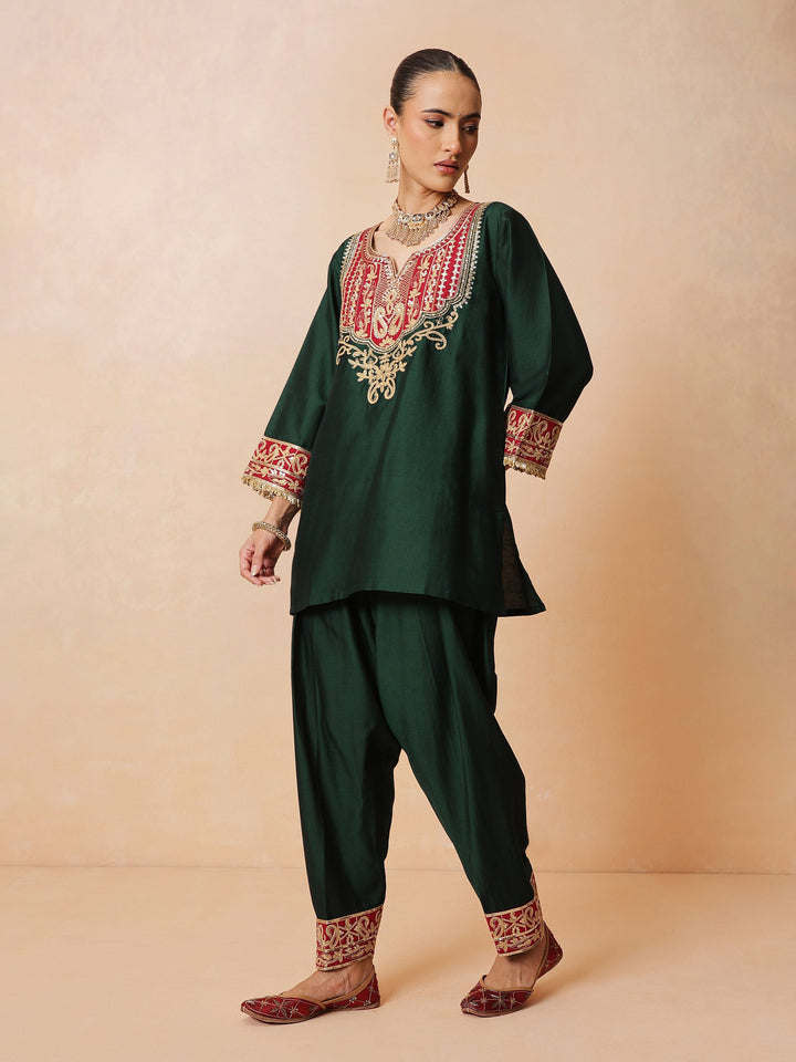 Women Green Embroidered Short Kurta With Farshi Salwar &amp; Dupatta