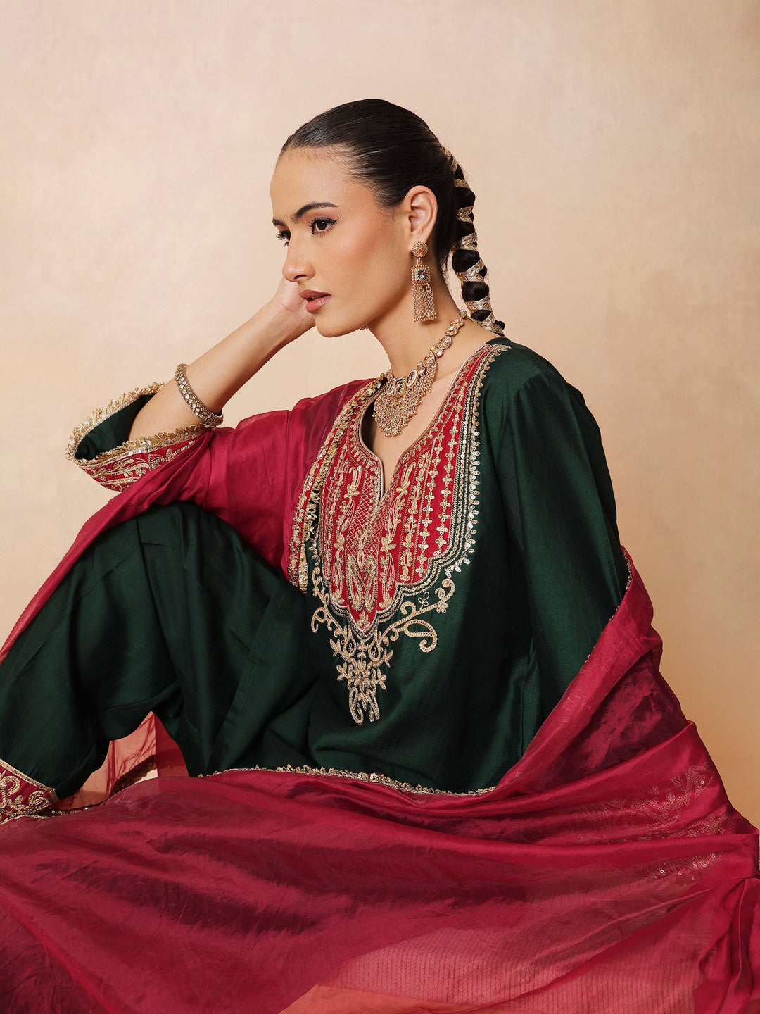 Women Green Embroidered Short Kurta With Farshi Salwar &amp; Dupatta