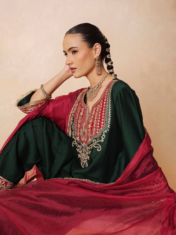 Women Green Embroidered Short Kurta With Farshi Salwar &amp; Dupatta