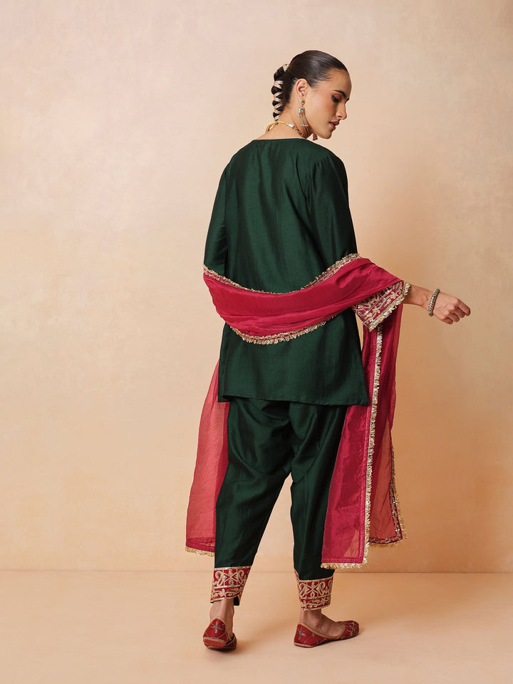 Women Green Embroidered Short Kurta With Farshi Salwar &amp; Dupatta