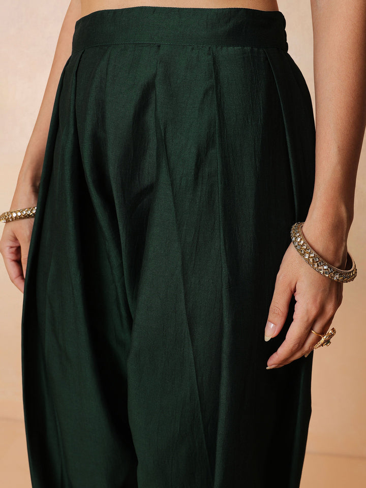 Women Green Embroidered Short Kurta With Farshi Salwar &amp; Dupatta