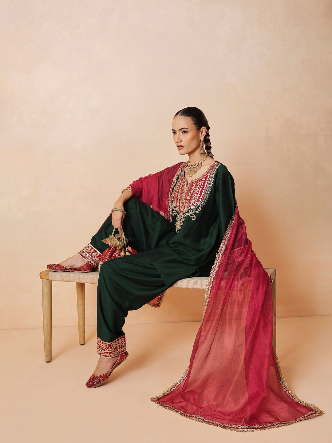 Women Green Embroidered Short Kurta With Farshi Salwar &amp; Dupatta