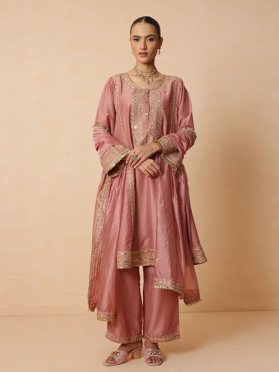 Women Onion Pink Embroidered Choga Kurta With Straight Pant &amp; Dupatta