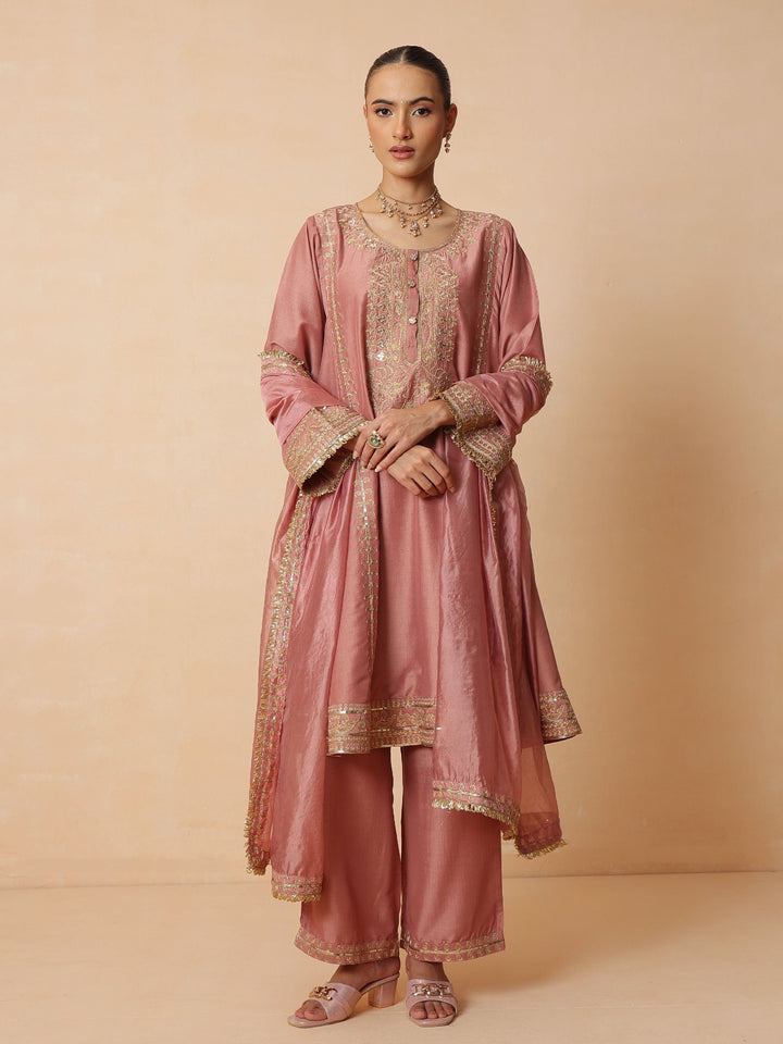 Women Onion Pink Embroidered Choga Kurta With Straight Pant &amp; Dupatta