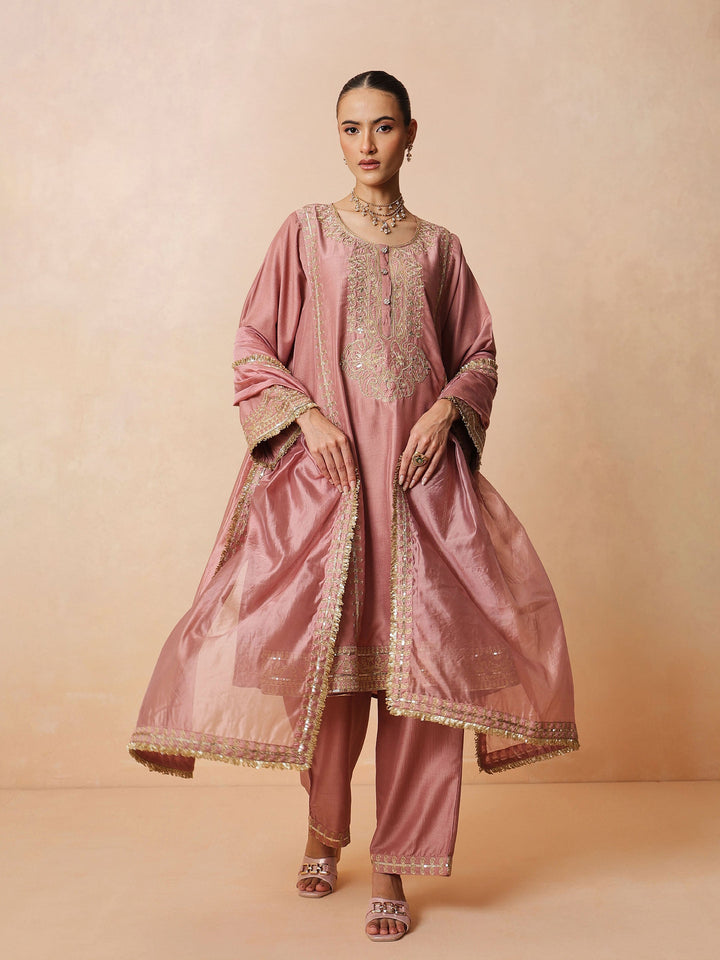 Women Onion Pink Embroidered Choga Kurta With Straight Pant &amp; Dupatta