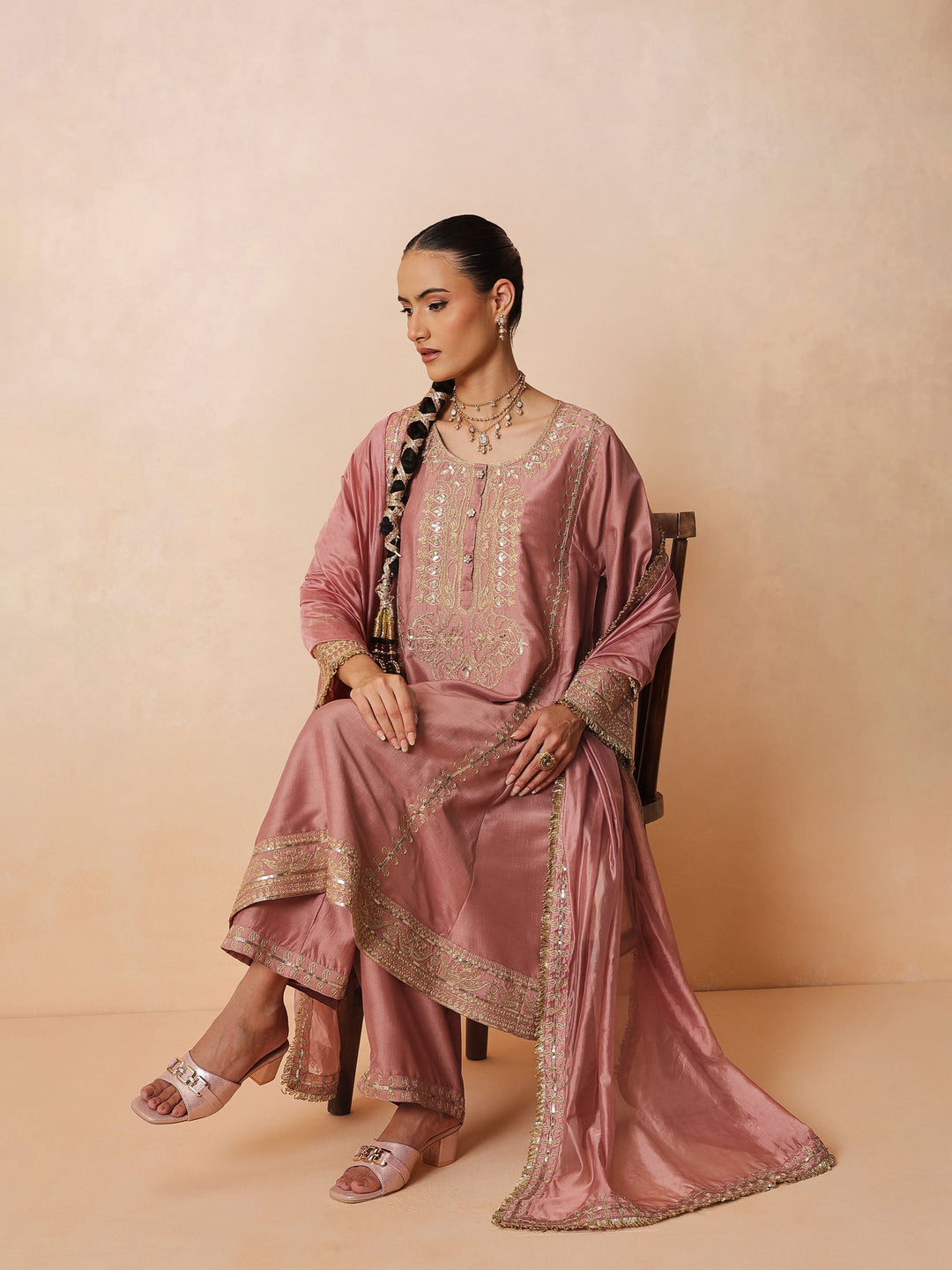 Women Onion Pink Embroidered Choga Kurta With Straight Pant &amp; Dupatta
