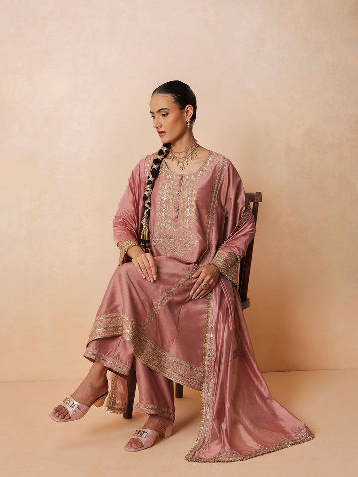 Women Onion Pink Embroidered Choga Kurta With Straight Pant &amp; Dupatta