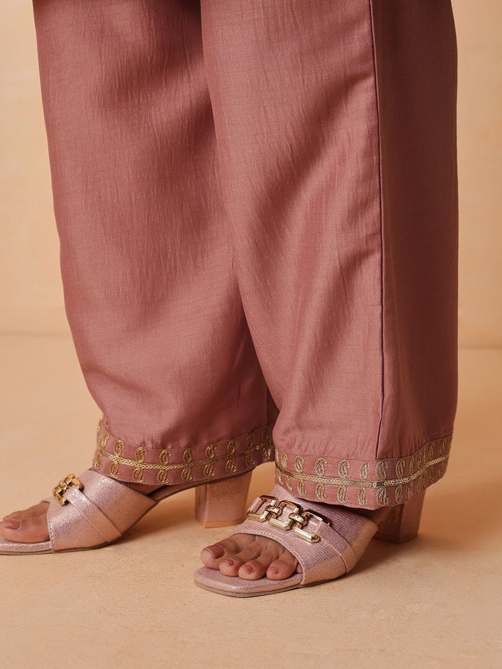 Women Onion Pink Embroidered Choga Kurta With Straight Pant &amp; Dupatta