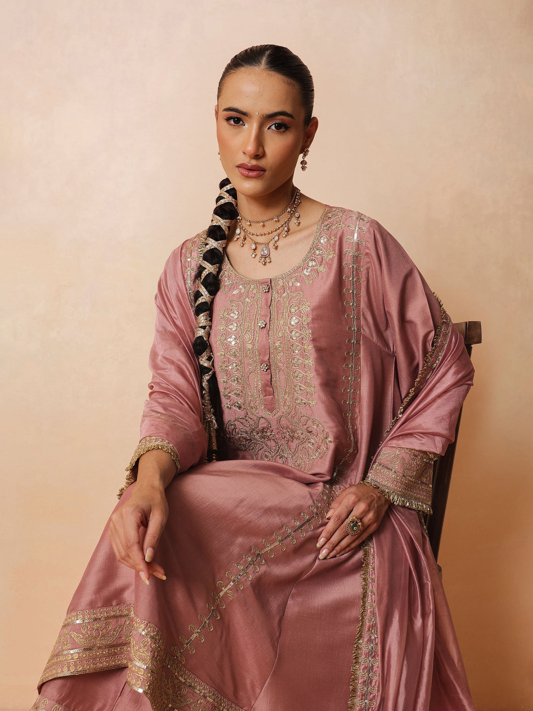 Women Onion Pink Embroidered Choga Kurta With Straight Pant &amp; Dupatta