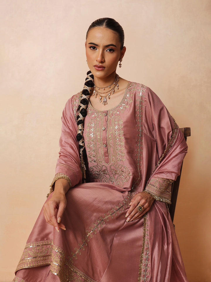 Women Onion Pink Embroidered Choga Kurta With Straight Pant &amp; Dupatta