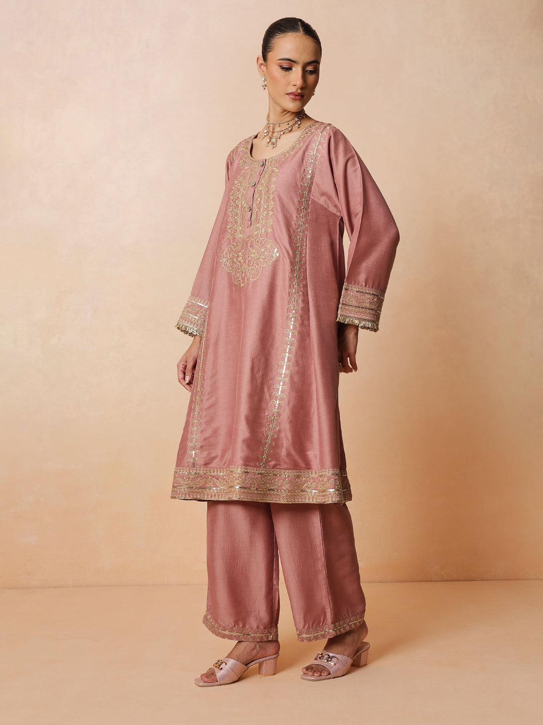 Women Onion Pink Embroidered Choga Kurta With Straight Pant &amp; Dupatta