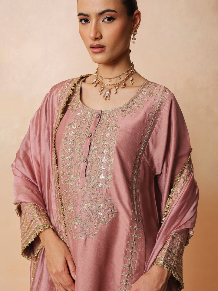 Women Onion Pink Embroidered Choga Kurta With Straight Pant &amp; Dupatta