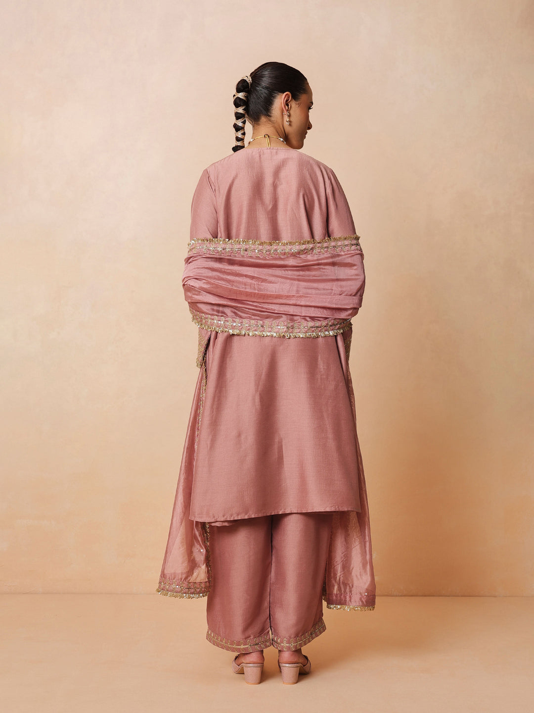 Women Onion Pink Embroidered Choga Kurta With Straight Pant &amp; Dupatta