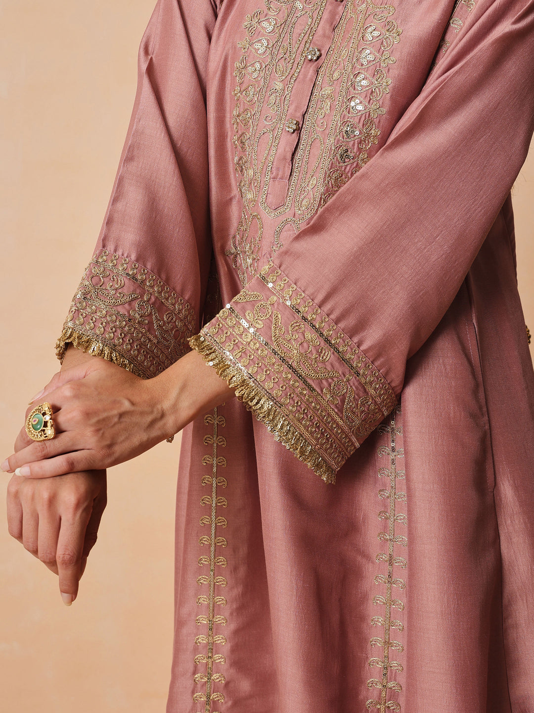 Women Onion Pink Embroidered Choga Kurta With Straight Pant &amp; Dupatta