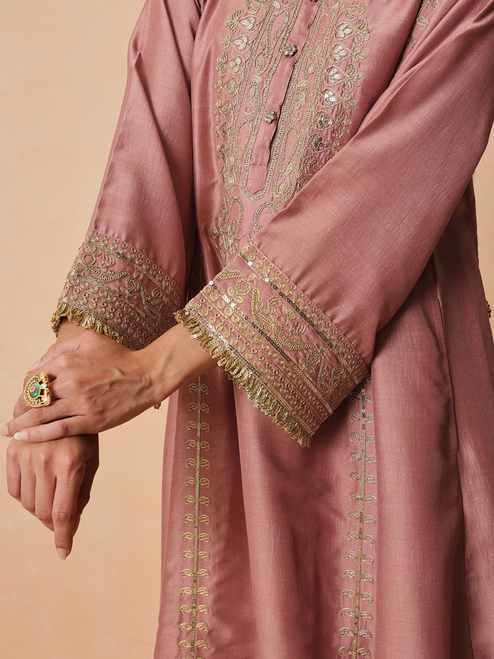 Women Onion Pink Embroidered Choga Kurta With Straight Pant &amp; Dupatta