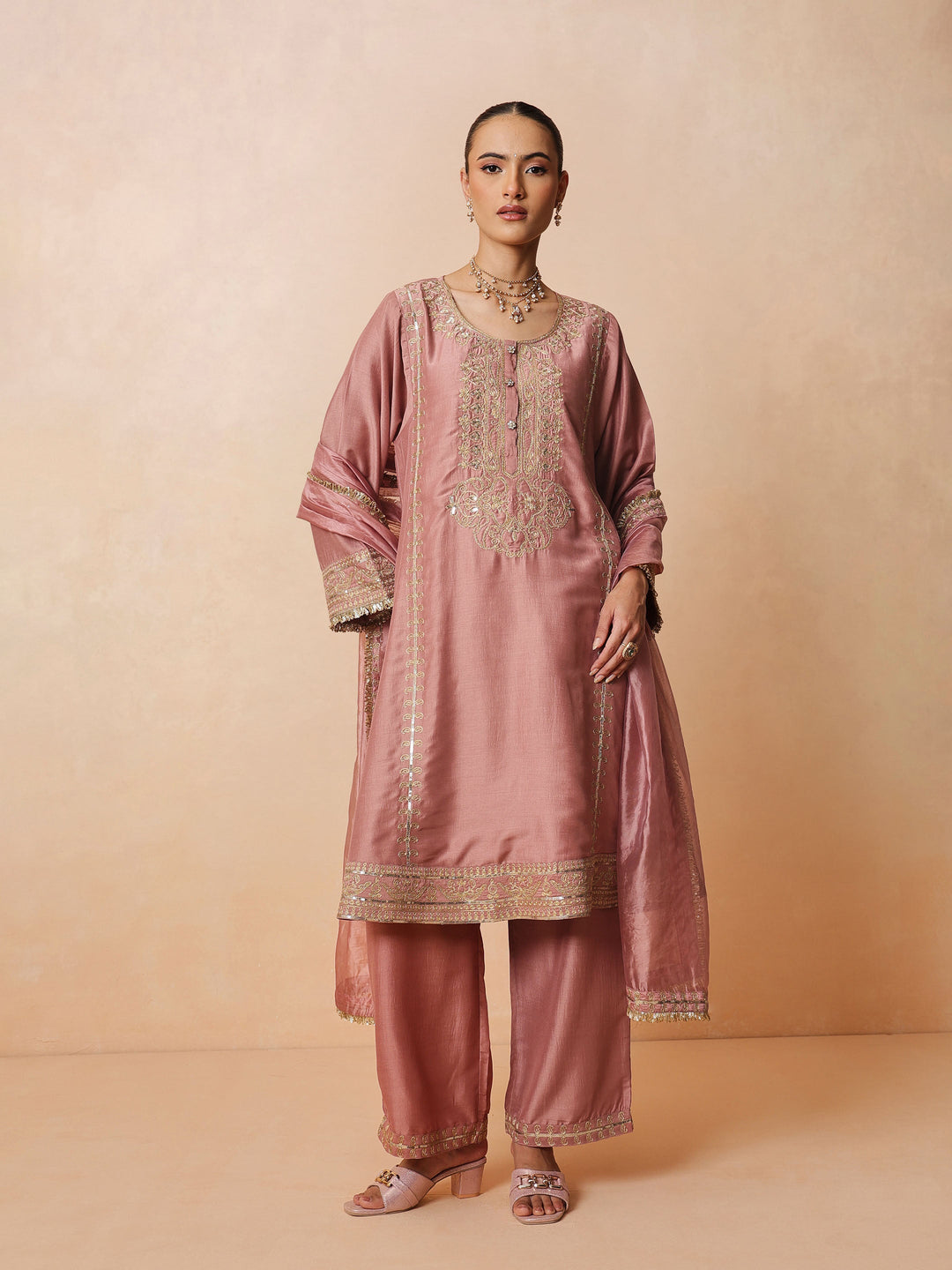 Women Onion Pink Embroidered Choga Kurta With Straight Pant &amp; Dupatta
