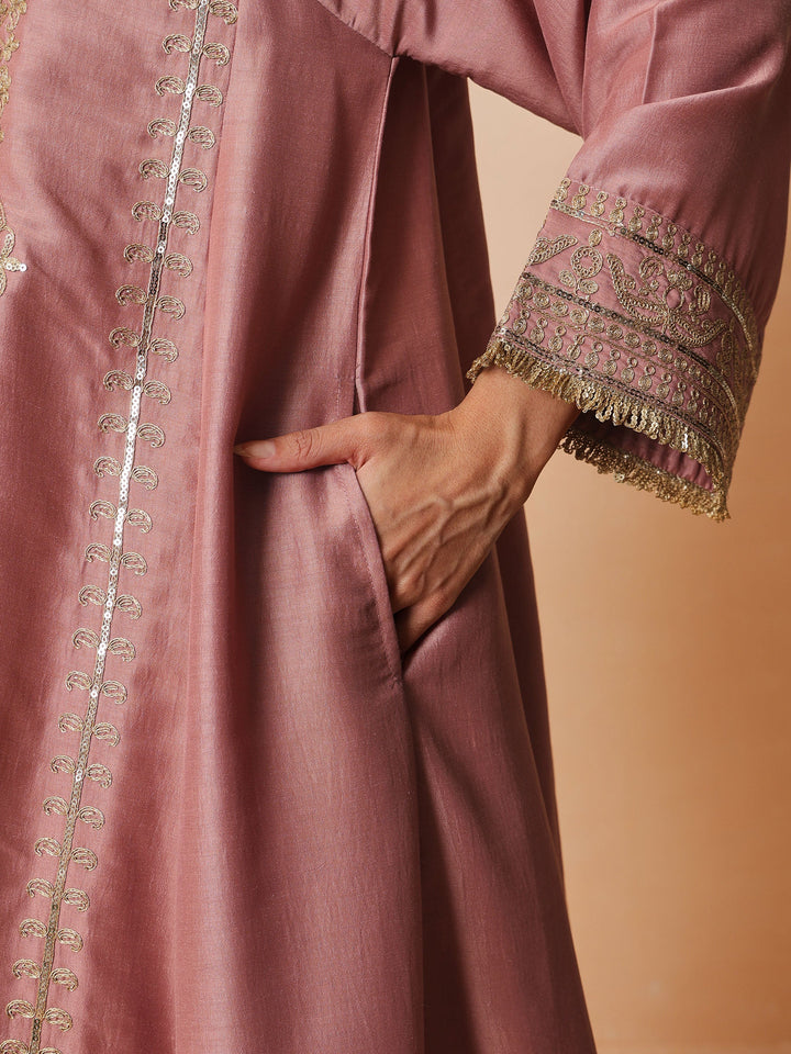 Women Onion Pink Embroidered Choga Kurta With Straight Pant &amp; Dupatta