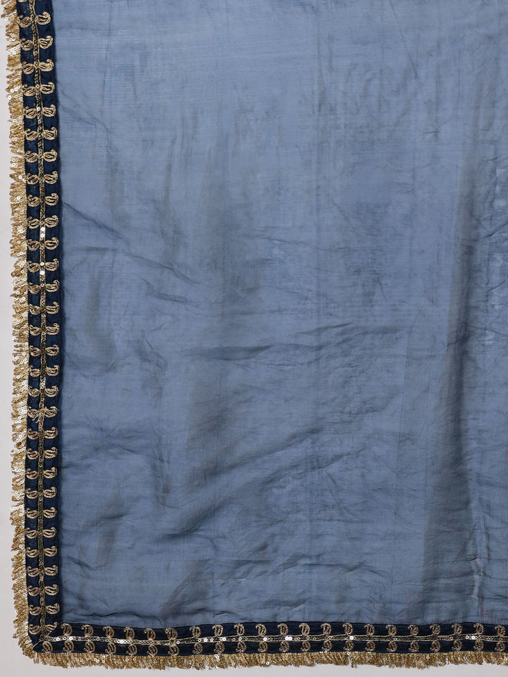 Women Navy Embroidered Choga Kurta With Straight Pant &amp; Dupatta