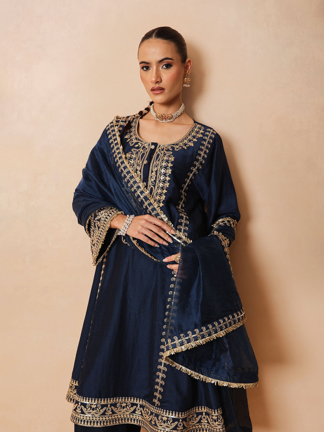Women Navy Embroidered Choga Kurta With Straight Pant &amp; Dupatta