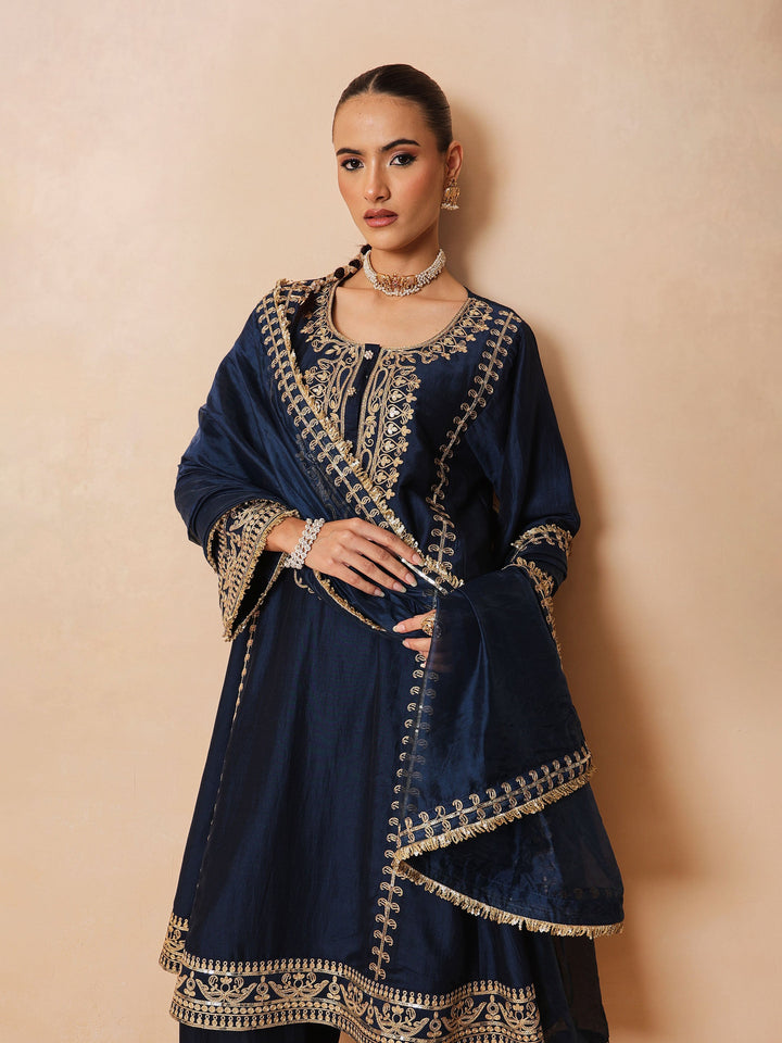 Women Navy Embroidered Choga Kurta With Straight Pant &amp; Dupatta