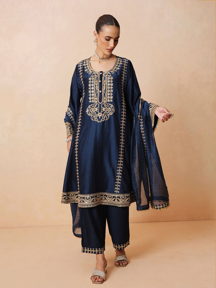 Women Navy Embroidered Choga Kurta With Straight Pant &amp; Dupatta