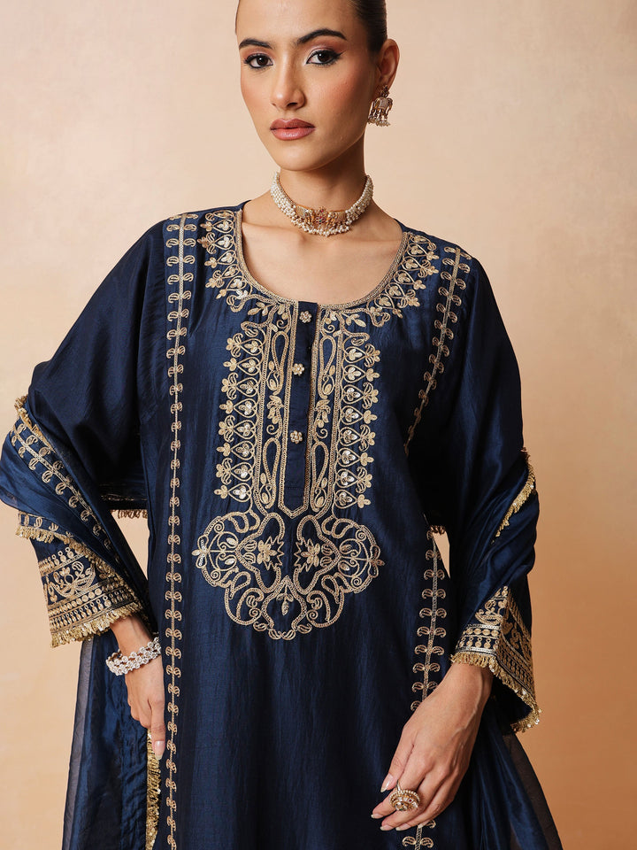 Women Navy Embroidered Choga Kurta With Straight Pant &amp; Dupatta