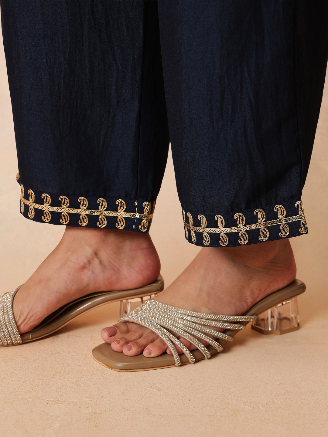 Women Navy Embroidered Choga Kurta With Straight Pant &amp; Dupatta
