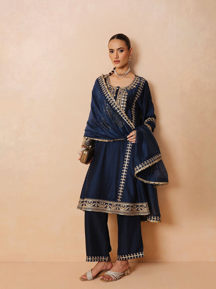 Women Navy Embroidered Choga Kurta With Straight Pant &amp; Dupatta