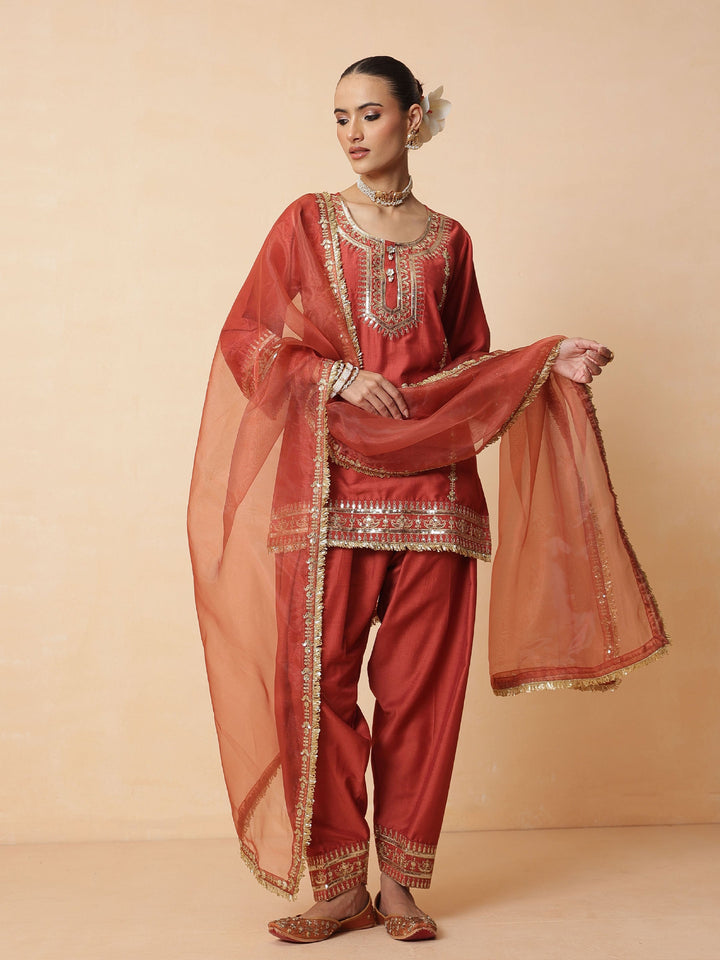 Women Rust Embroidered Short Kurta With Farshi Salwar &amp; Dupatta