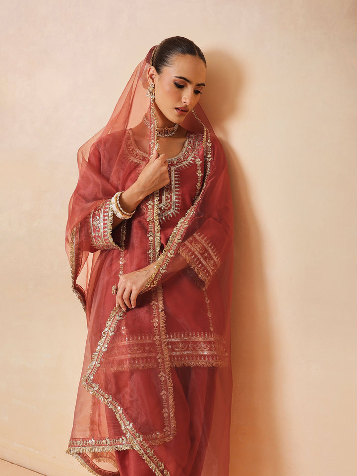Women Rust Embroidered Short Kurta With Farshi Salwar &amp; Dupatta